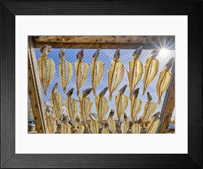 Framed Print : Blue whitings drying in the sun and wind. Nazare, Portugal Framed Print : Blue whitings drying in the sun and wind. Nazare, Portugal