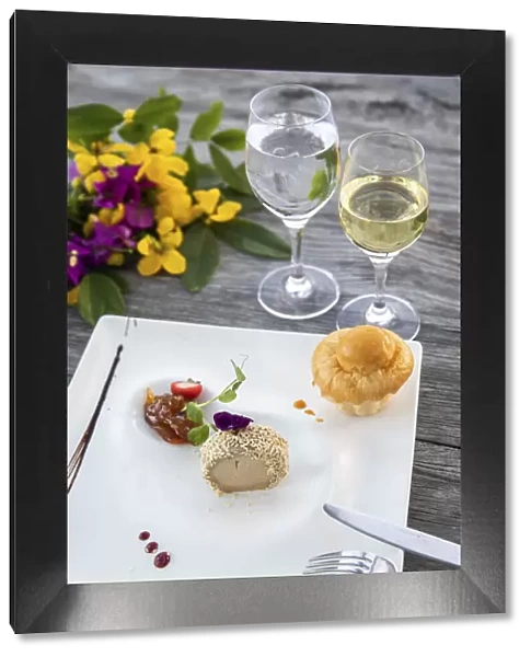 France, Reunion Island, Saint-Gilles les Bains, Foie gras based plate at the Hotel Le Saint Alexis