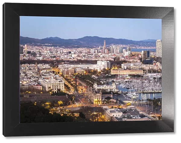 Spain, Catalonia, Barcelona, Raval, panoramic view of the Port Vell from Placa de l Armada