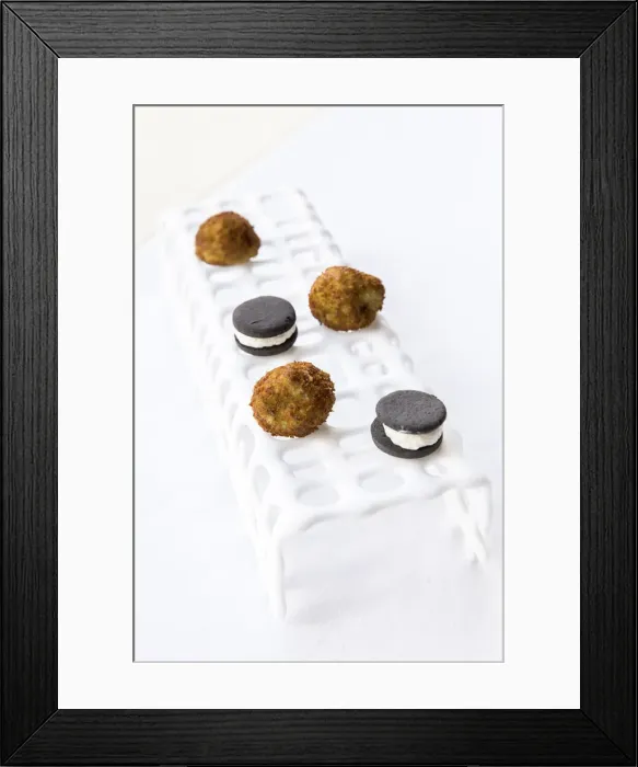 Framed Print : Spain, Castile and Leon, Valladolid, Castrillo de Duero, Liquid pesto croquettes and black olives and parmesan biscuits Framed Print : Spain, Castile and Leon, Valladolid, Castrillo de Duero, Liquid pesto croquettes and black olives and parmesan biscuits