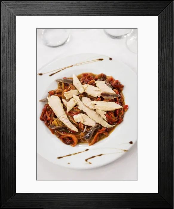 Framed Print : Spain, Castile and Leon, Burgos, Aranda del Duero, Tuna salad with peppers and anchovies Framed Print : Spain, Castile and Leon, Burgos, Aranda del Duero, Tuna salad with peppers and anchovies