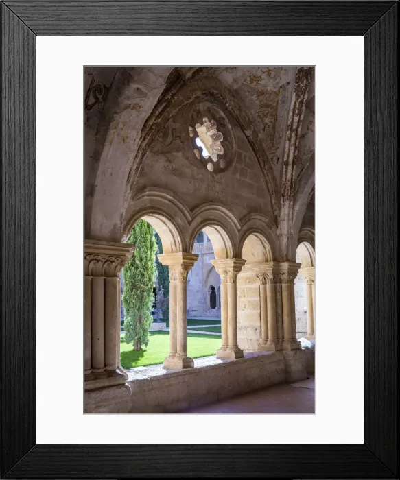 Framed Print : Spain, Castile and Leon, Valladolid, Valbuena de Duero, View of the cloister from a hallway Framed Print : Spain, Castile and Leon, Valladolid, Valbuena de Duero, View of the cloister from a hallway