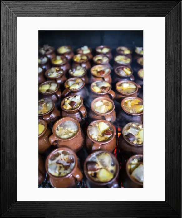 Framed Print : Spain, Madrid, Taberna La Bola restaurant, Typical terracotta pots filled with the meat of the Madrid cocido Framed Print : Spain, Madrid, Taberna La Bola restaurant, Typical terracotta pots filled with the meat of the Madrid cocido