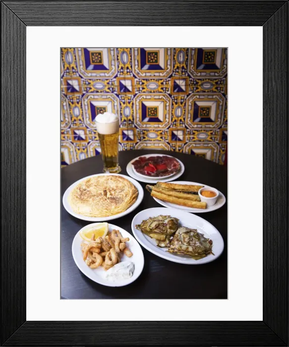Framed Print : Spain, Madrid, Bodega La Ardosa, Tapas on a table of Bodega La Ardosa restaurant Framed Print : Spain, Madrid, Bodega La Ardosa, Tapas on a table of Bodega La Ardosa restaurant