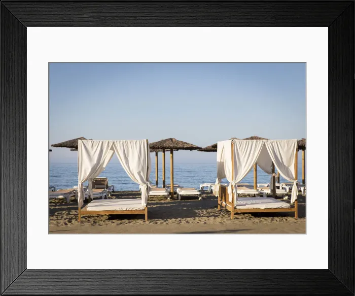 Framed Print : Spain, Andalusia, Malaga, El Palo, Sun beds and beach umbrellas Framed Print : Spain, Andalusia, Malaga, El Palo, Sun beds and beach umbrellas