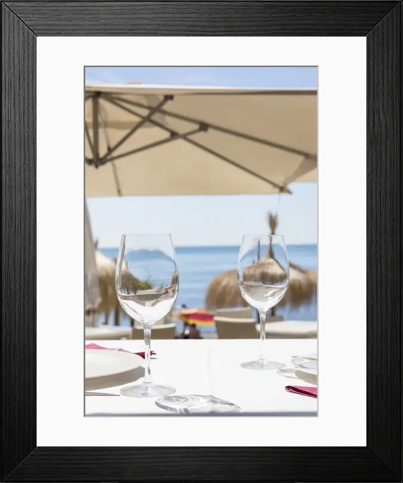 Framed Print : Spain, Andalusia, Malaga, Malagueta, Table on a terrace in a restaurant Framed Print : Spain, Andalusia, Malaga, Malagueta, Table on a terrace in a restaurant