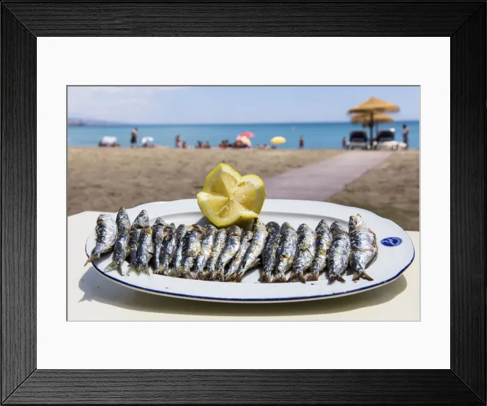 Framed Print : Spain, Andalusia, Malaga, Huelin, Traditional sardine at the Chiringuito Gutierrez Playa Framed Print : Spain, Andalusia, Malaga, Huelin, Traditional sardine at the Chiringuito Gutierrez Playa