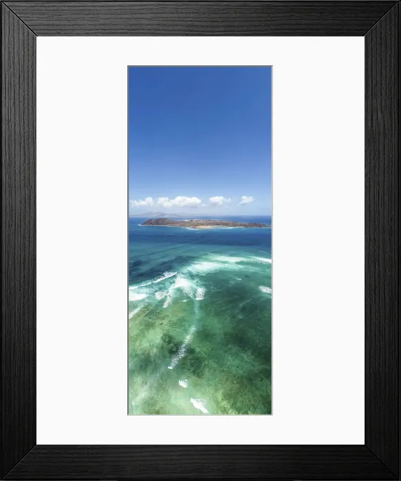 Framed Print : Spain, Canary Islands, Fuerteventura, Playa de El Pozo, Elevated view of El Pozo beach with the Lobos island on the back Framed Print : Spain, Canary Islands, Fuerteventura, Playa de El Pozo, Elevated view of El Pozo beach with the Lobos island on the back