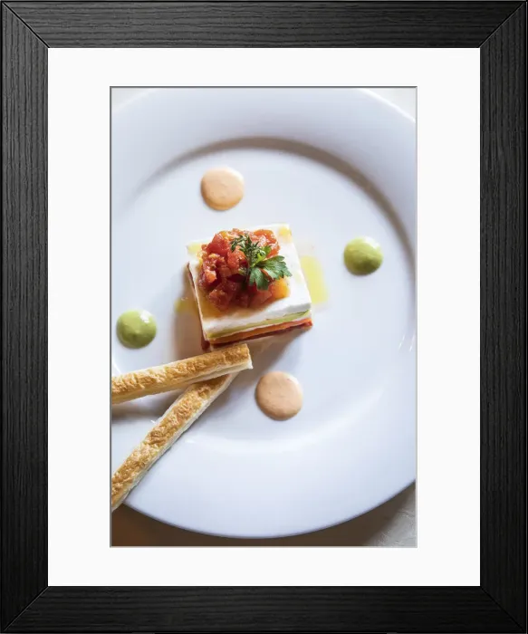 Framed Print : Spain, Canary Islands, Fuerteventura, Betancuria, A plate of fresh goat cheese lasagna with vegetables Framed Print : Spain, Canary Islands, Fuerteventura, Betancuria, A plate of fresh goat cheese lasagna with vegetables