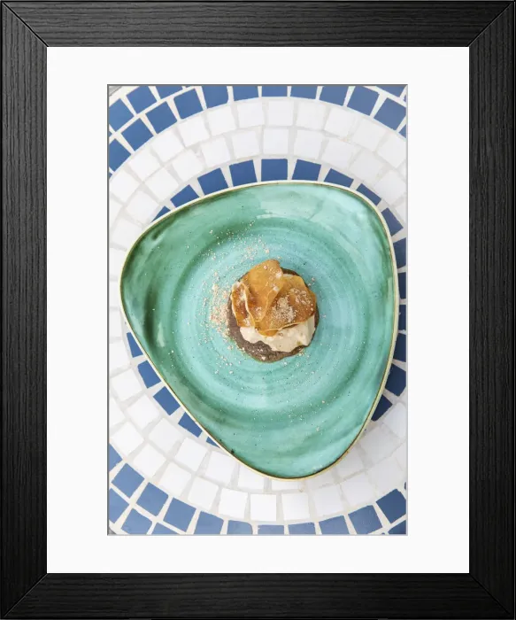 Framed Print : Spain, Canary Islands, Fuerteventura, Villaverde, Gofio mousse mile-feuille with sweet potatoes chips and almond sauce at the Mahoh restaurant Framed Print : Spain, Canary Islands, Fuerteventura, Villaverde, Gofio mousse mile-feuille with sweet potatoes chips and almond sauce at the Mahoh restaurant