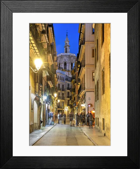 Framed Print : Night view of an old towns street with Miguelete Tower in the background, Valencia, Spain Framed Print : Night view of an old towns street with Miguelete Tower in the background, Valencia, Spain