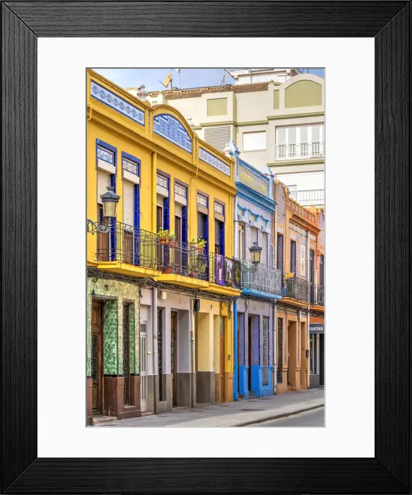 Framed Print : Colourful facades of traditional modernism houses in El Cabanyal neighbourhood, Valencia, Valencian Community, Spain Framed Print : Colourful facades of traditional modernism houses in El Cabanyal neighbourhood, Valencia, Valencian Community, Spain