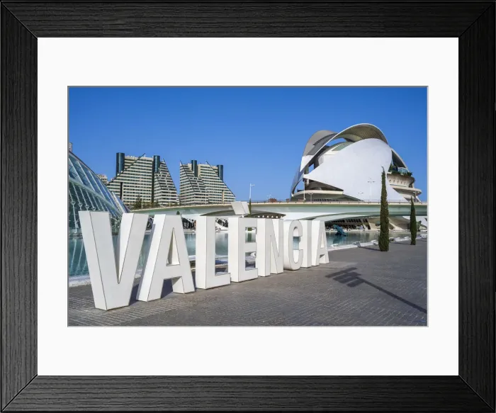 Framed Print : Valencia sign and Palau de les arts Reina Sofia opera house, City of Arts and Sciences (Ciudad de las Artes y las Ciencias), Valencia, Valencian Community, Spain