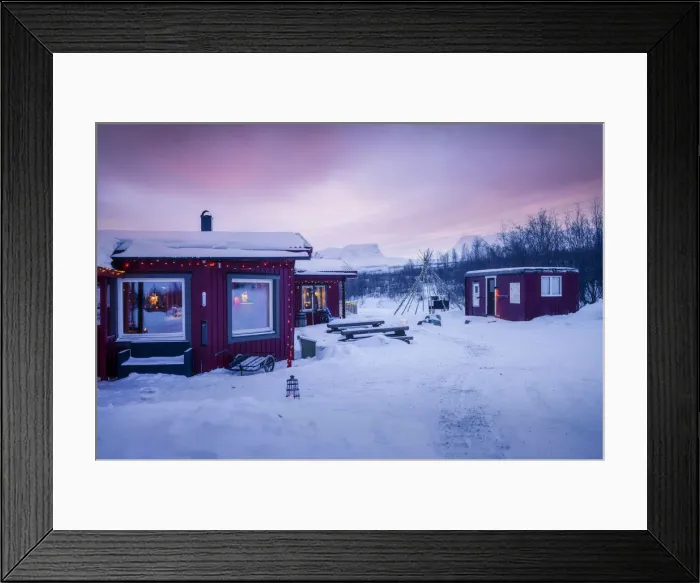Framed Print : Typical village in the Arctic Circle, Swedish Lapland, Abisko. Christmas time at sunset Framed Print : Typical village in the Arctic Circle, Swedish Lapland, Abisko. Christmas time at sunset
