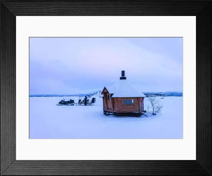 Framed Print : little wooden hut on the iced lake Tornetrask, Arctic Circle. Abisko National Park, Swedish Lapland, Sweden
