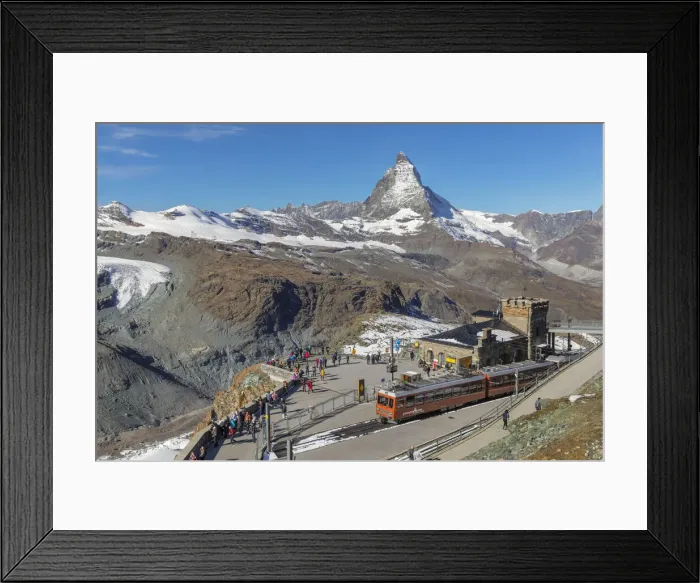 Framed Print : Gornergrat mountain station (3100m) with Gornergratbahn cog railway, view of Matterhorn Peak (4478m), Swiss Alps, Zermatt, Valais, Switzerland Framed Print : Gornergrat mountain station (3100m) with Gornergratbahn cog railway, view of Matterhorn Peak (4478m), Swiss Alps, Zermatt, Valais, Switzerland