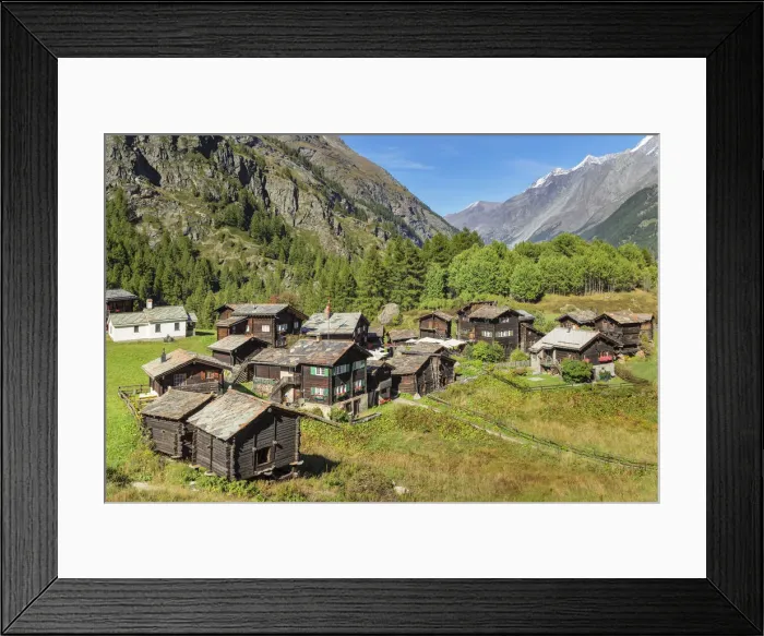 Framed Print : Traditional wooden houses in Furi near Zermatt, Valais, Swiss Alps, Switzerland