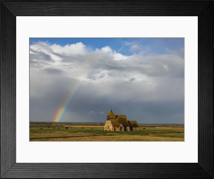 Framed Print : England, Kent, Romney Marsh, Fairfield, St. Thomas Becket Church and Rainbow Framed Print : England, Kent, Romney Marsh, Fairfield, St. Thomas Becket Church and Rainbow