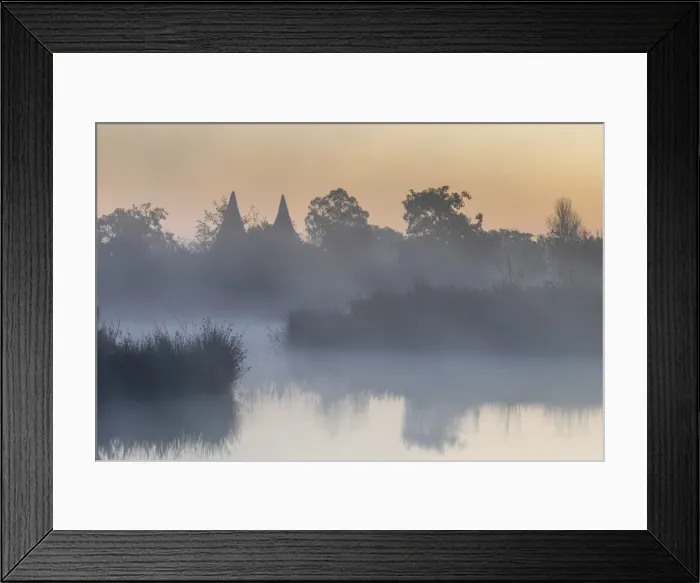 Framed Print : England, Kent, Converted Oast Houses aka Oasts and Lake with Morning Mist near Tunbridge Wells Framed Print : England, Kent, Converted Oast Houses aka Oasts and Lake with Morning Mist near Tunbridge Wells