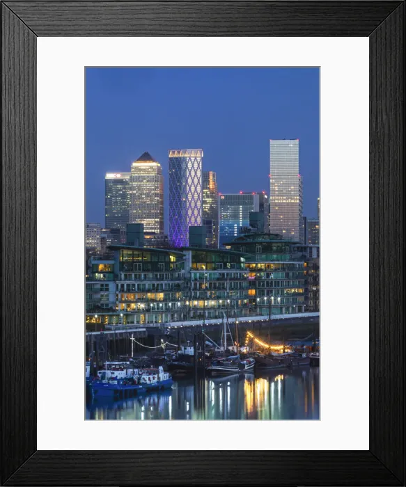Framed Print : England, London, Docklands, River Thames and Canary Wharf Skyline at dusk Framed Print : England, London, Docklands, River Thames and Canary Wharf Skyline at dusk