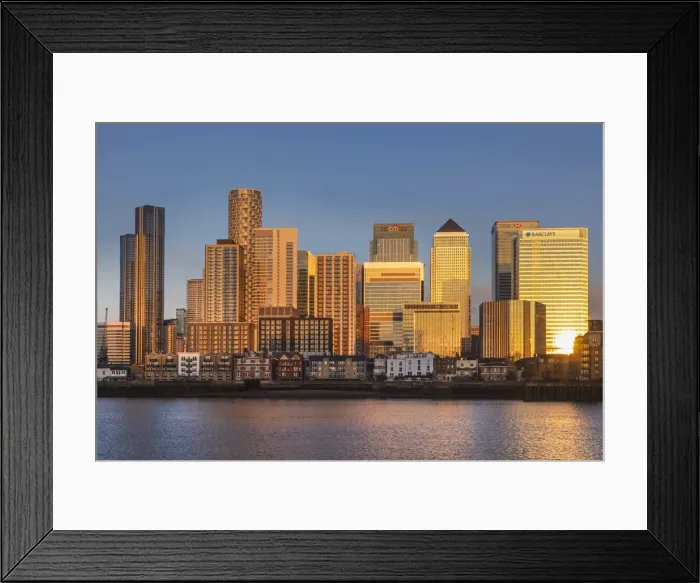 Framed Print : England, London, Docklands, River Thames and Warm Early Morning Light on The Modern Canary Wharf Skyline