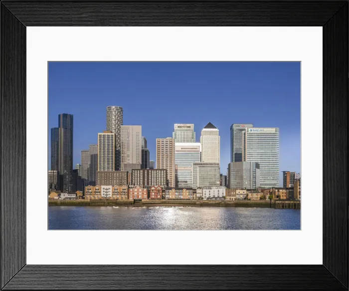 Framed Print : England, London, Docklands, River Thames and Warm Early Morning Light on The Modern Canary Wharf Skyline Framed Print : England, London, Docklands, River Thames and Warm Early Morning Light on The Modern Canary Wharf Skyline