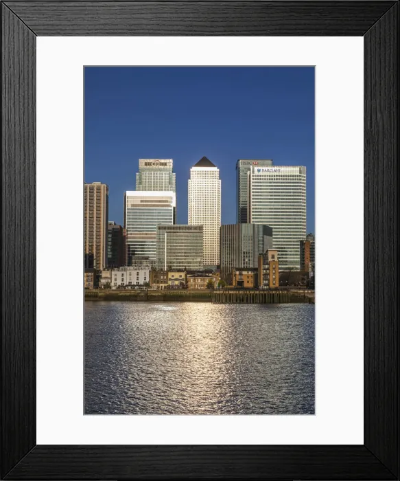 Framed Print : England, London, Docklands, River Thames and Warm Early Morning Light on The Modern Canary Wharf Skyline