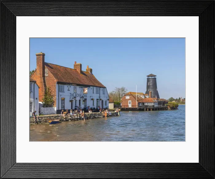 Framed Print : England, Hampshire, Langstone, Chichester Harbour, View of The Royal Oak Pub and Customers at High Tide Framed Print : England, Hampshire, Langstone, Chichester Harbour, View of The Royal Oak Pub and Customers at High Tide