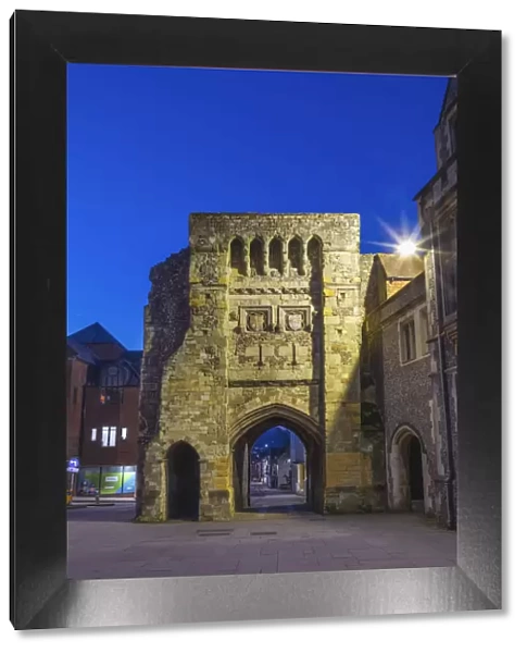 England, Hampshire, Winchester, The Medieval Westgate Illuminated at Night