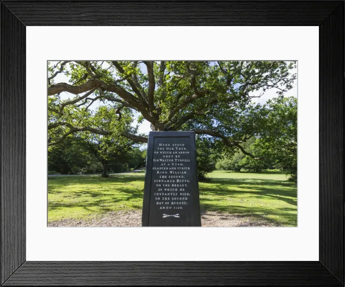 Framed Print : England, Hampshire, The New Forest, Minstead, Rufus Stone, The site where William II was accidentally killed with an arrow by Sir Walter Tyrrell Framed Print : England, Hampshire, The New Forest, Minstead, Rufus Stone, The site where William II was accidentally killed with an arrow by Sir Walter Tyrrell