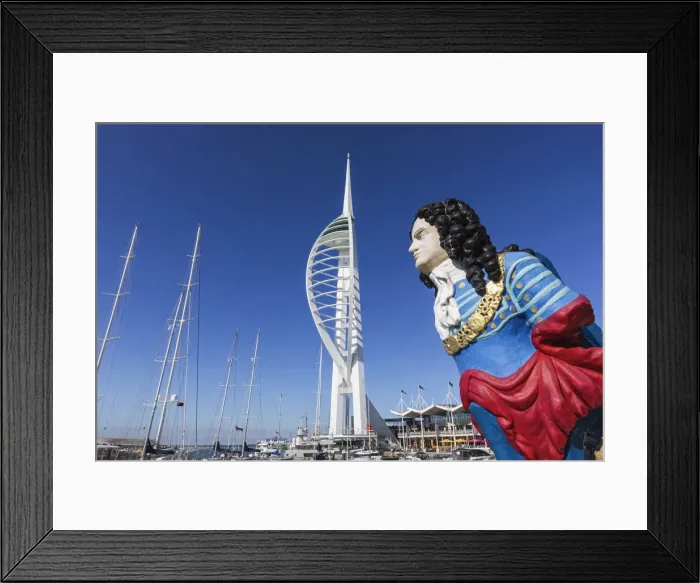 Framed Print : England, Hampshire, Portsmouth, Daytime View of Ships Figurehead and The Spinnaker Tower and Gunwharf Quays Framed Print : England, Hampshire, Portsmouth, Daytime View of Ships Figurehead and The Spinnaker Tower and Gunwharf Quays