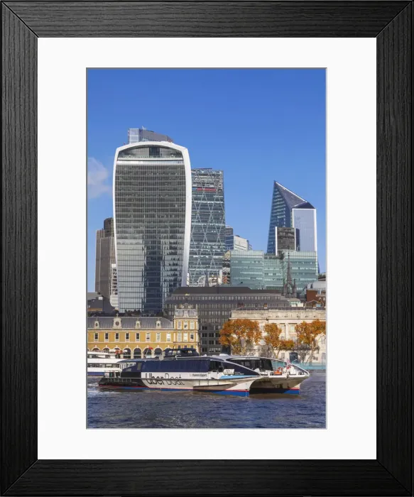 Framed Print : England, London, City of London Skyline and River Thames with Thames Clippers Uber Boat in the Foreground