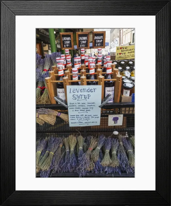 Framed Print : Borough Market, Display of Lavender and Lavender Syrup, Southwark, London, England Framed Print : Borough Market, Display of Lavender and Lavender Syrup, Southwark, London, England
