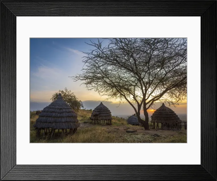 Framed Print : Africa, Uganda, Karamoja. Moroto. Dodoth village at the slopes of the Mount Moroto with the traditional buildings