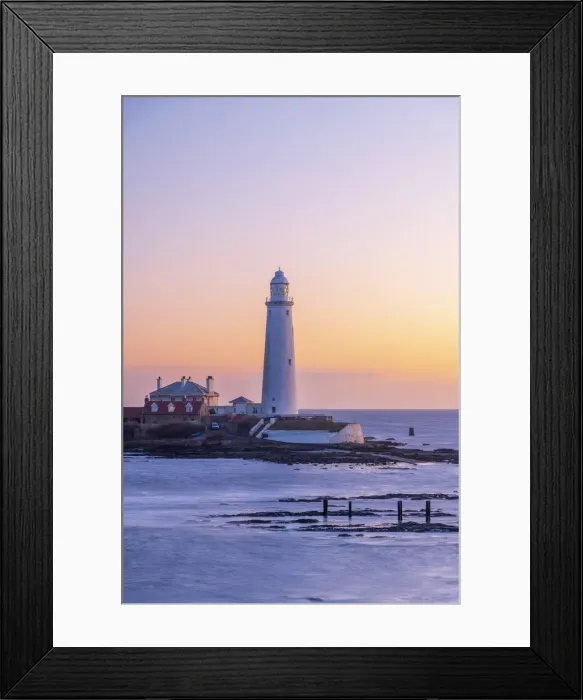 Framed Print : UK, England, Tyne and Wear, North Tyneside, Whitley Bay, St Marys Island, St. Marys Lighthouse at sunrise