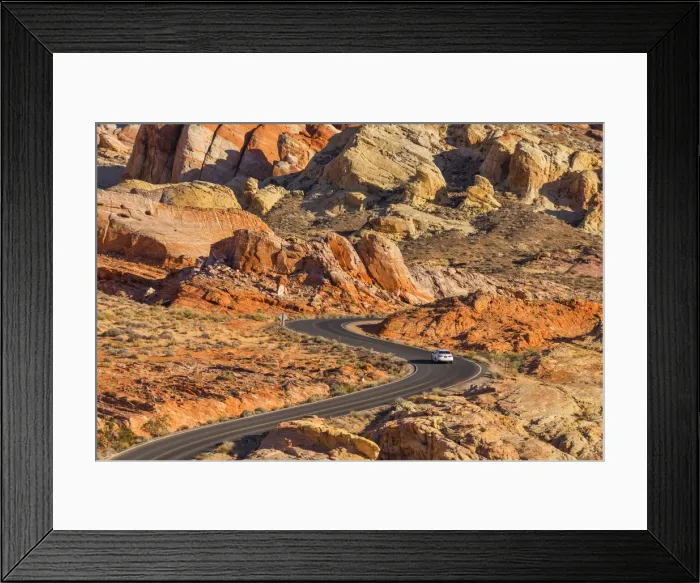 Framed Print : Car on S-Bend Road, Valley of Fire State Park, Nevada, USA Framed Print : Car on S-Bend Road, Valley of Fire State Park, Nevada, USA