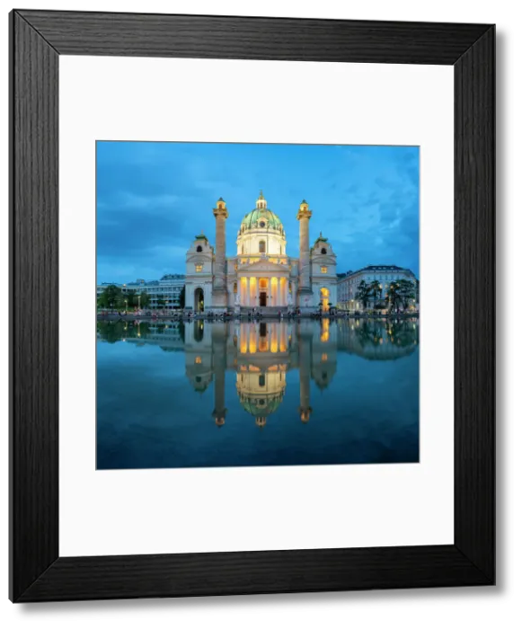 Framed Print : Reflection of illuminated Karlskirche at Karlsplatz at twilight, Innere Stadt, Vienna, Austria Framed Print : Reflection of illuminated Karlskirche at Karlsplatz at twilight, Innere Stadt, Vienna, Austria