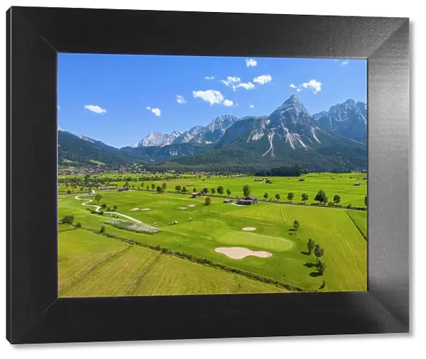 Aerial view at Ehrwald golf course with Mieminger mountains, Tyrol, Austria