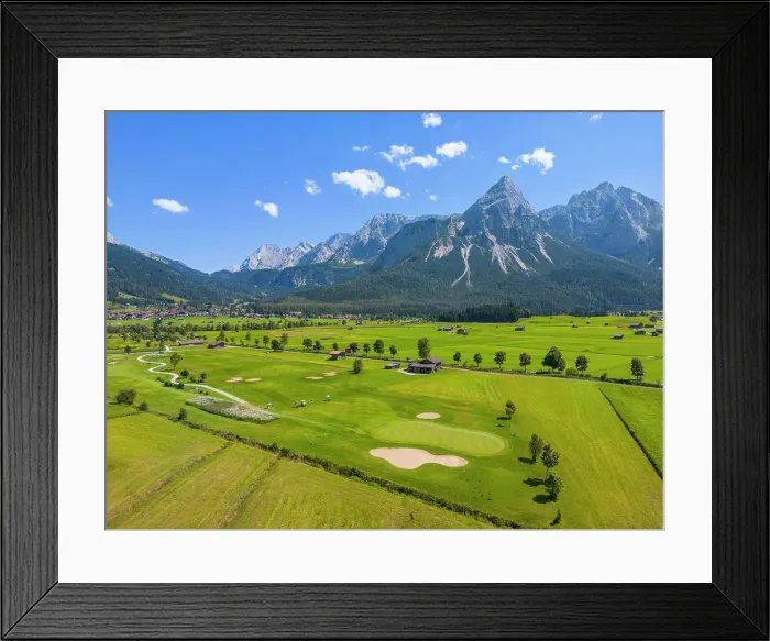 Framed Print : Aerial view at Ehrwald golf course with Mieminger mountains, Tyrol, Austria
