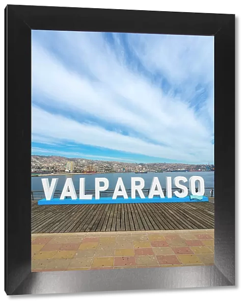 Valparaiso sign with city in background, Baron pier, Valparaiso, Valparaiso Province, Valparaiso Region, Chile