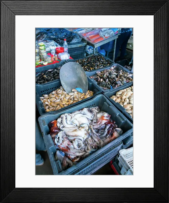 Framed Print : High angle view of crates with various fresh sea food for sale at market, Caleta Portales, Valparaiso, Valparaiso Province, Valparaiso Region, Chile Framed Print : High angle view of crates with various fresh sea food for sale at market, Caleta Portales, Valparaiso, Valparaiso Province, Valparaiso Region, Chile