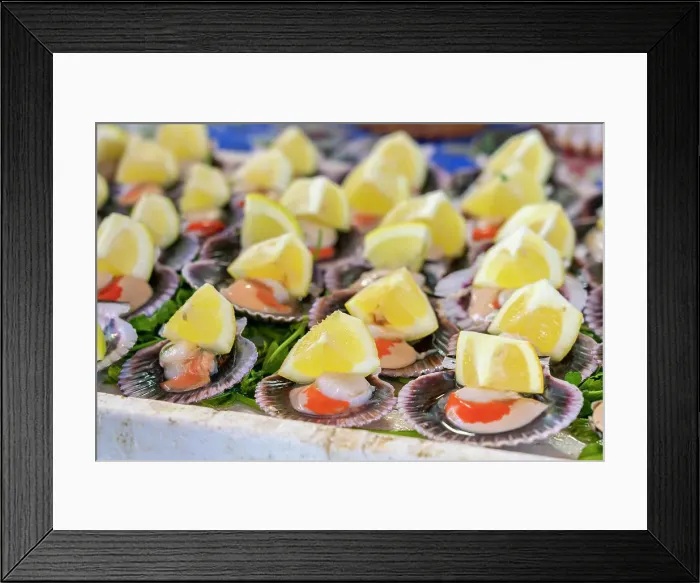 Framed Print : Detail shot of oyster bites for sale at seafood market, Caleta Portales, Valparaiso, Valparaiso Province, Valparaiso Region, Chile Framed Print : Detail shot of oyster bites for sale at seafood market, Caleta Portales, Valparaiso, Valparaiso Province, Valparaiso Region, Chile