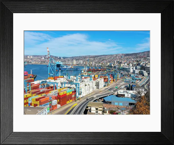 Framed Print : Cargo containers stacked at Port of Valparaiso, Caleta Portales, Valparaiso, Valparaiso Province, Valparaiso Region, Chile Framed Print : Cargo containers stacked at Port of Valparaiso, Caleta Portales, Valparaiso, Valparaiso Province, Valparaiso Region, Chile