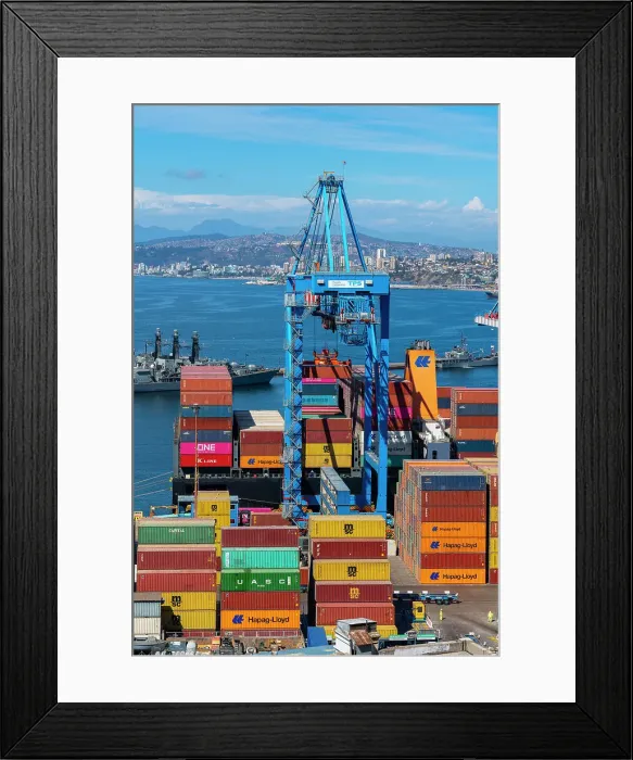 Framed Print : Cranes and cargo containers stacked at Port of Valparaiso, Caleta Portales, Valparaiso, Valparaiso Province, Valparaiso Region, Chile Framed Print : Cranes and cargo containers stacked at Port of Valparaiso, Caleta Portales, Valparaiso, Valparaiso Province, Valparaiso Region, Chile