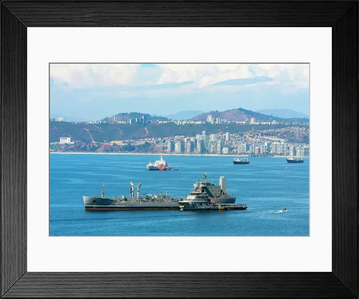 Framed Print : Chilean military ships with distant view of Vina del Mar, Valparaiso, Valparaiso Province, Valparaiso Region, Chile