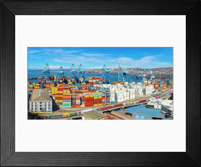 Framed Print : Cranes and cargo containers stacked at Port of Valparaiso, Caleta Portales, Valparaiso, Valparaiso Province, Valparaiso Region, Chile Framed Print : Cranes and cargo containers stacked at Port of Valparaiso, Caleta Portales, Valparaiso, Valparaiso Province, Valparaiso Region, Chile