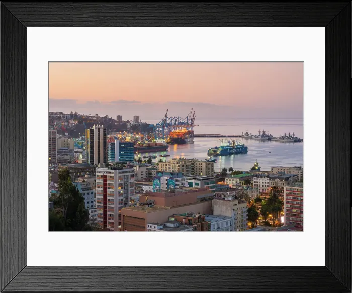 Framed Print : Port of Valparaiso and buildings at dusk, Valparaiso, Valparaiso Province, Valparaiso Region, Chile Framed Print : Port of Valparaiso and buildings at dusk, Valparaiso, Valparaiso Province, Valparaiso Region, Chile