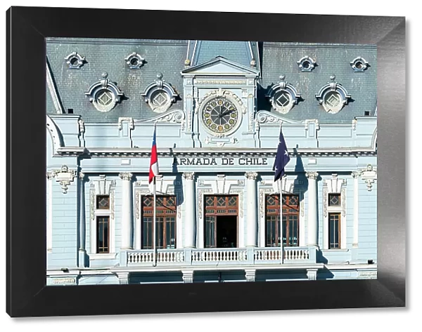 Detail of facade of Edificio Armada de Chile at Plaza Sotomayor, UNESCO, Valparaiso, Valparaiso Province, Valparaiso Region, Chile