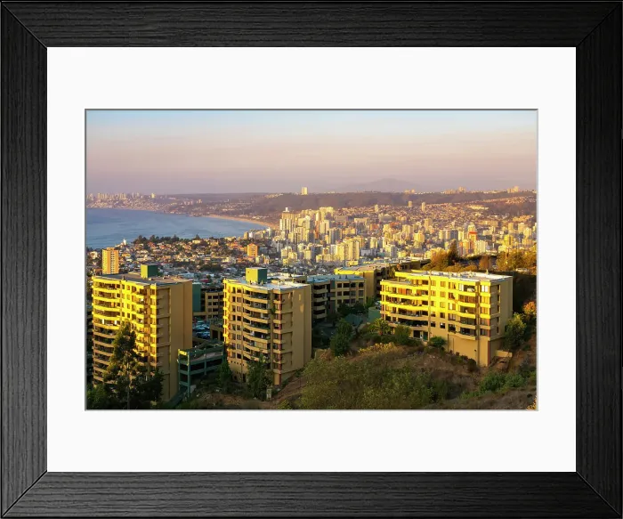 Framed Print : Elevated view of Vina del Mar coastal city seen from Mirador Pablo Neruda at sunset, Vina del Mar, Valparaiso Province, Valparaiso Region, Chile