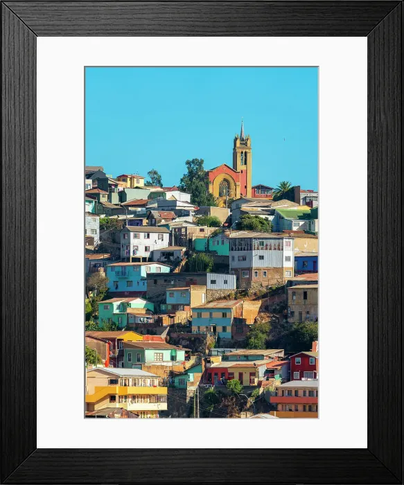 Framed Print : Parish St. Vicente de Paul amidst houses in city, Valparaiso, Valparaiso Province, Valparaiso Region, Chile Framed Print : Parish St. Vicente de Paul amidst houses in city, Valparaiso, Valparaiso Province, Valparaiso Region, Chile